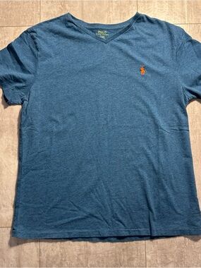 Polo by Ralph Lauren Men's Blue V-Neck T-Shirt with orange embroidered logo L